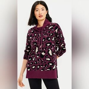 Lou & Grey Leopard Print Drawstring Neck Tunic Length Sweater sz L